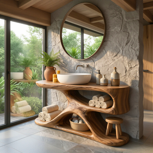 Handcrafted Solid Wood Bathroom Vanity Organic Modern Sink Console Rustic Spa Style Washstand