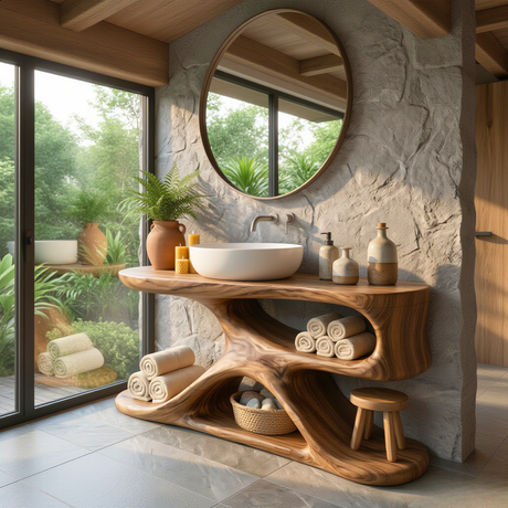 Handcrafted Solid Wood Bathroom Vanity Organic Modern Sink Console Rustic Spa Style Washstand