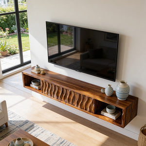 Floating Sculpted Wood TV Console with Wave Front