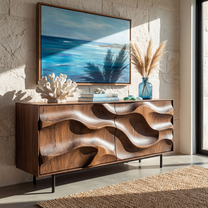 Sculpted Wave Front Solid Wood Sideboard Cabinet