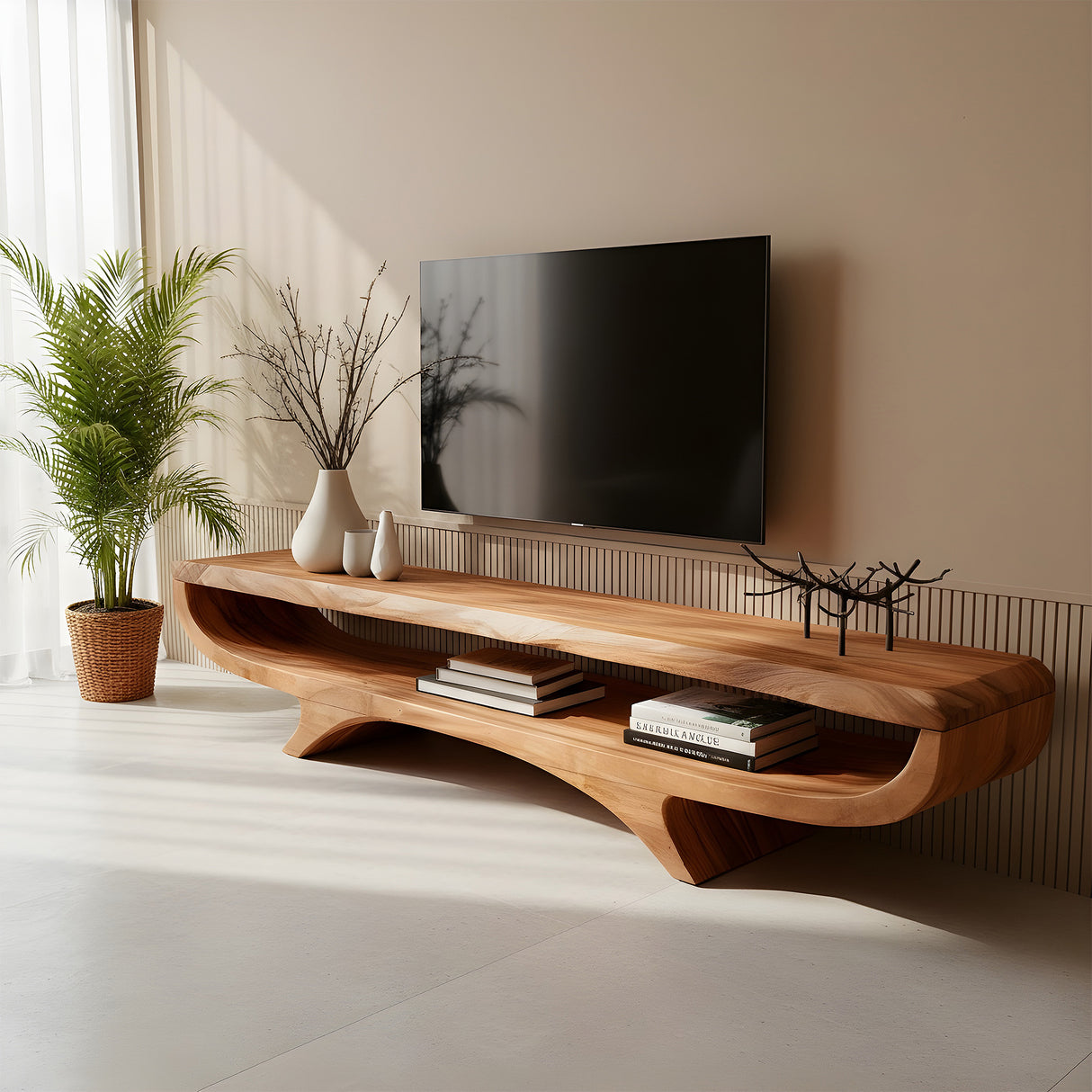 Curved Solid Wood Floating TV Console for Minimalist Interiors