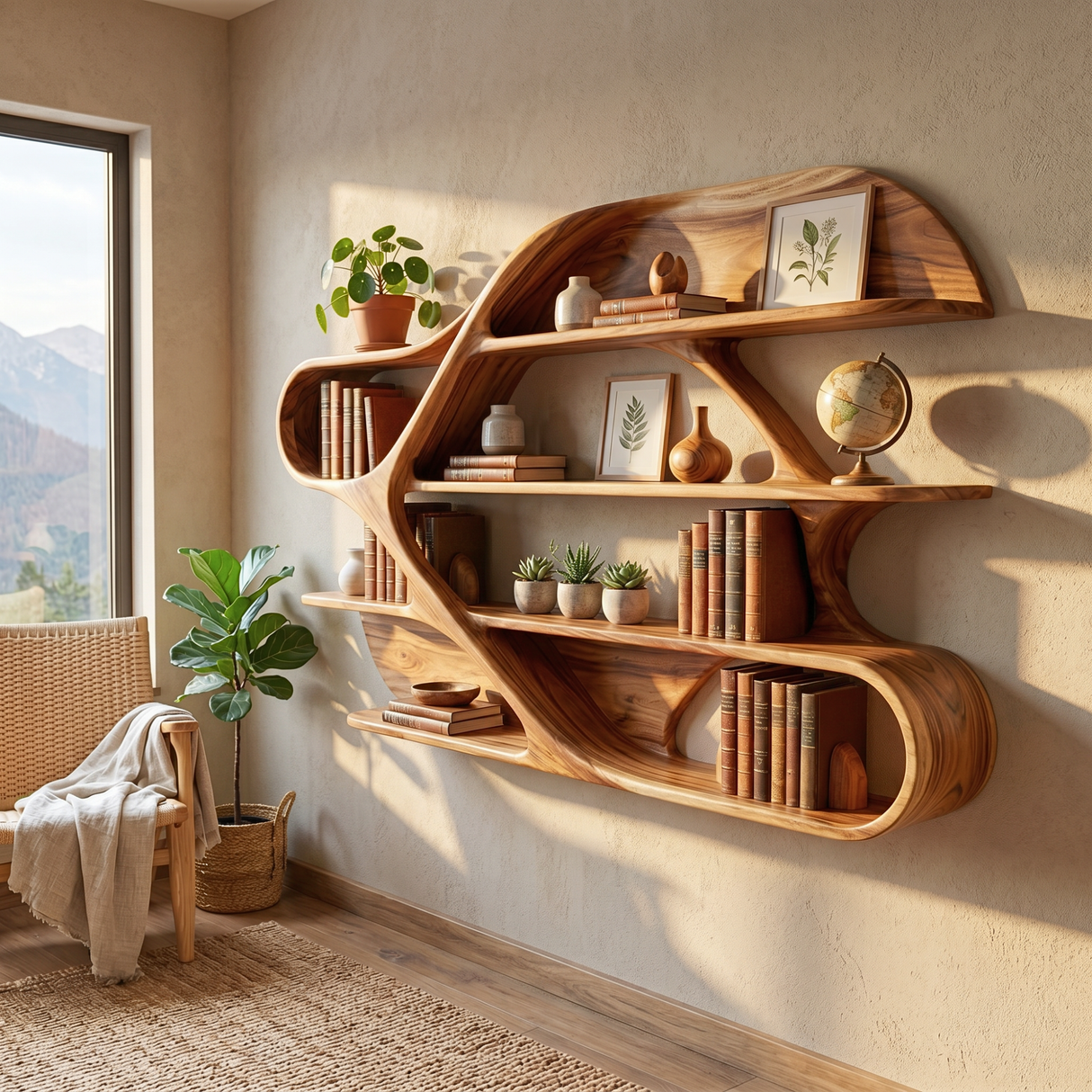 Organic Solid Wood Wall Bookshelf with Sculptural Open Shelves