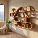 Organic Solid Wood Wall Bookshelf with Sculptural Open Shelves