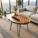 Handcrafted Solid Wood Chess Coffee Table with Organic Slab Top and Hairpin Legs