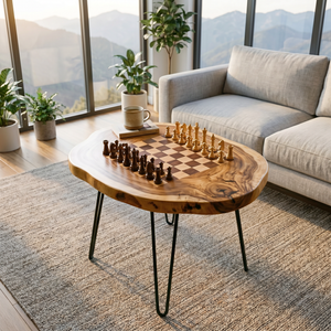 Handcrafted Solid Wood Chess Coffee Table with Organic Slab Top and Hairpin Legs