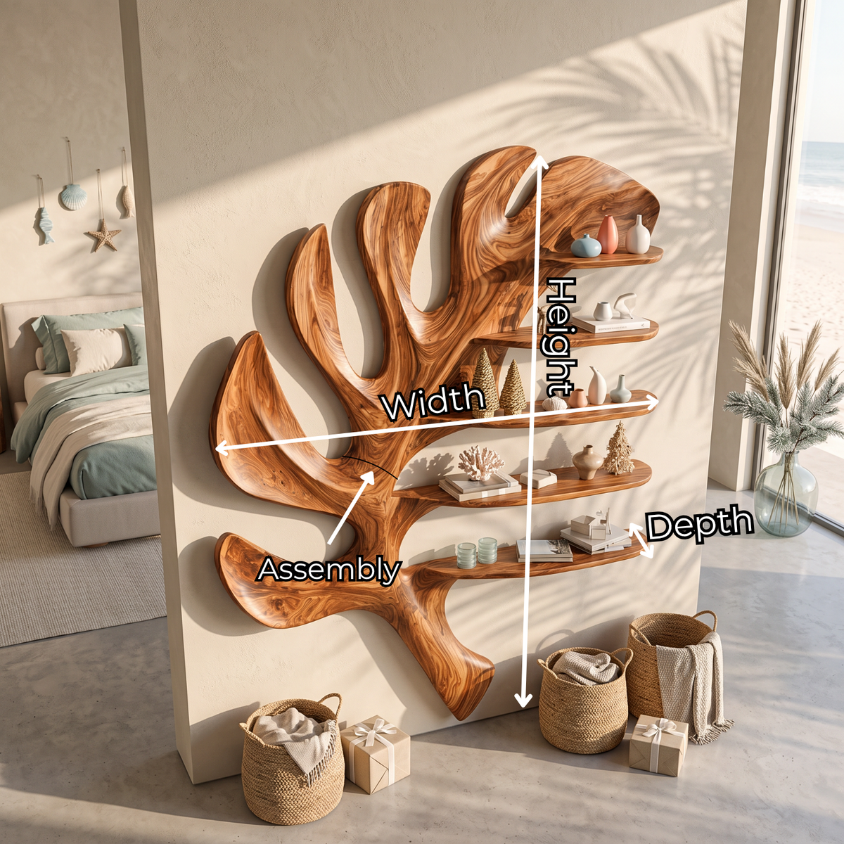 Tropical Leaf Solid Wood Wall Shelf with Sculptural Floating Display Shelves