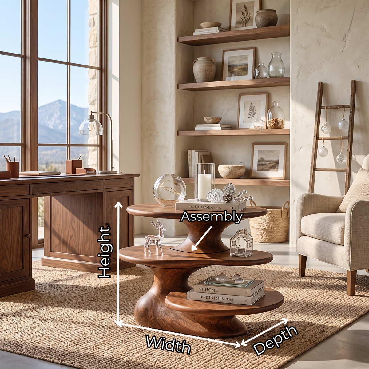 Sculptural Solid Wood Side Table with 3 Tier Shelves for Living Room Decor