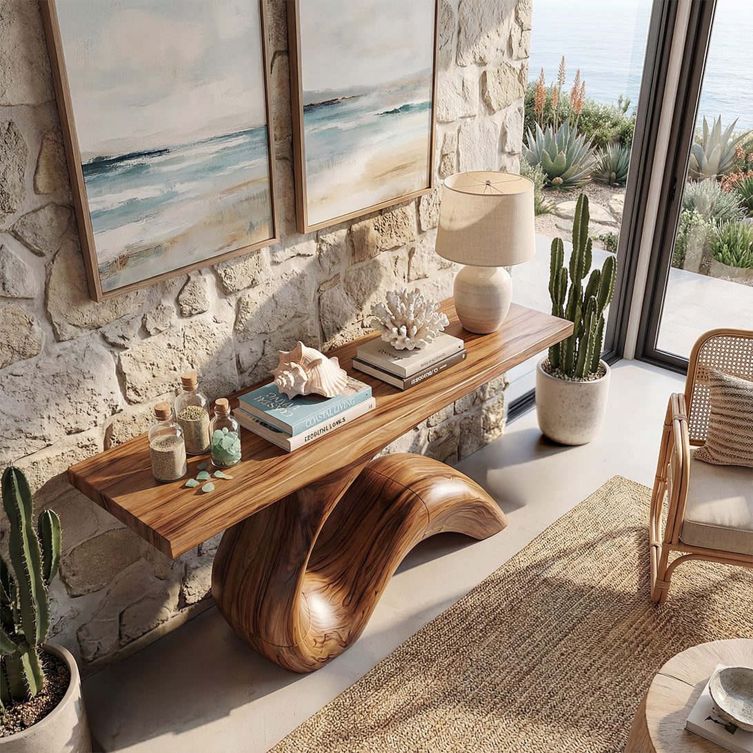 Handcrafted Solid Wood Wave Console Table with Sculpted Base