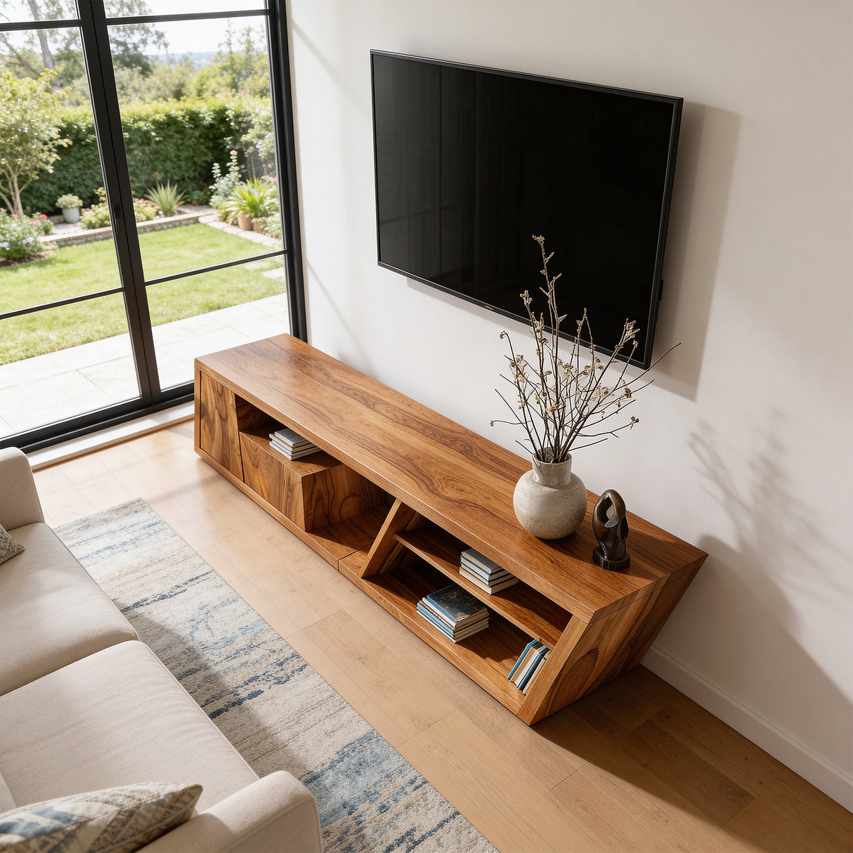 Angled Solid Wood Media Console in Organic Modern Style