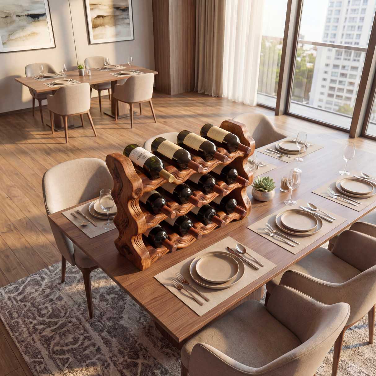 Solid Wood Wine Rack Sculptural Wave Design Countertop Bottle Holder