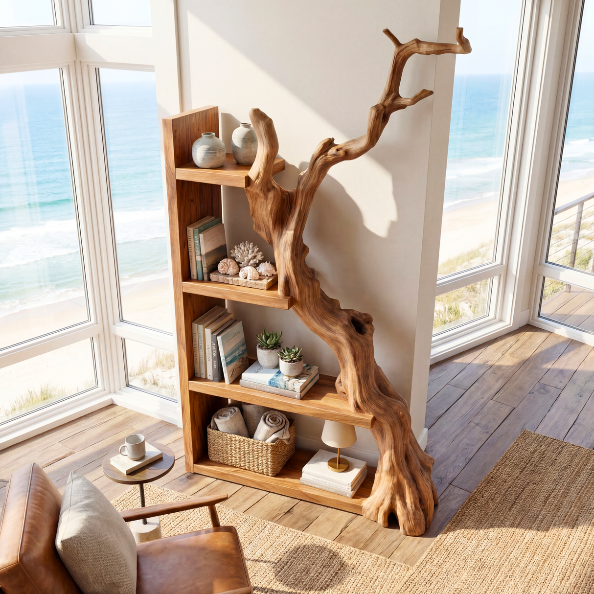 Vertical Solid Wood Bookshelf with Sculptural Tree Form Organic Modern Display Shelf