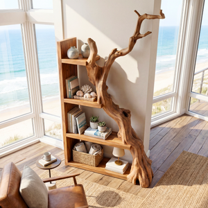 Vertical Solid Wood Bookshelf with Sculptural Tree Form Organic Modern Display Shelf