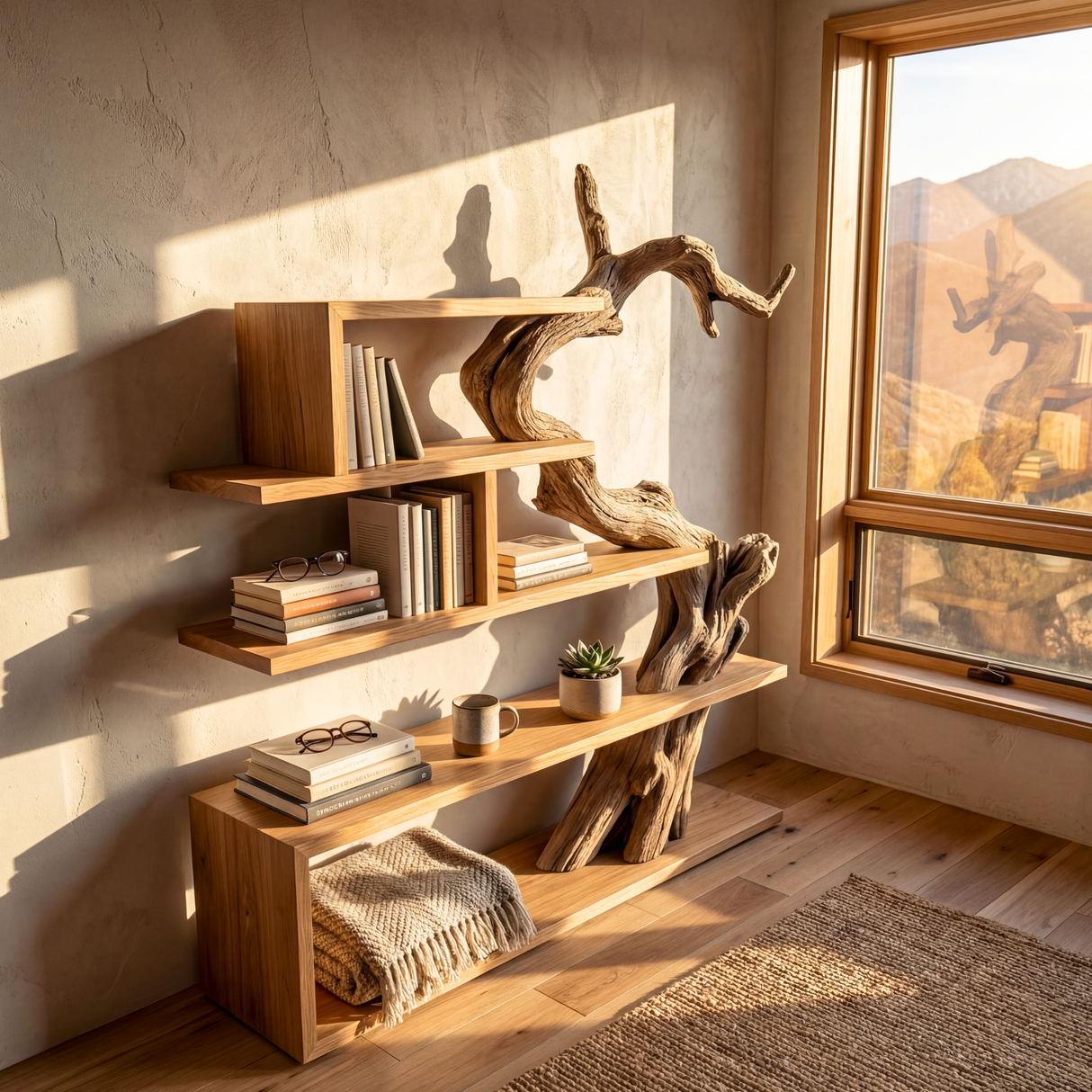 Organic Solid Wood Bookshelf with Sculptural Tree Form Modern Display Shelf Storage Unit