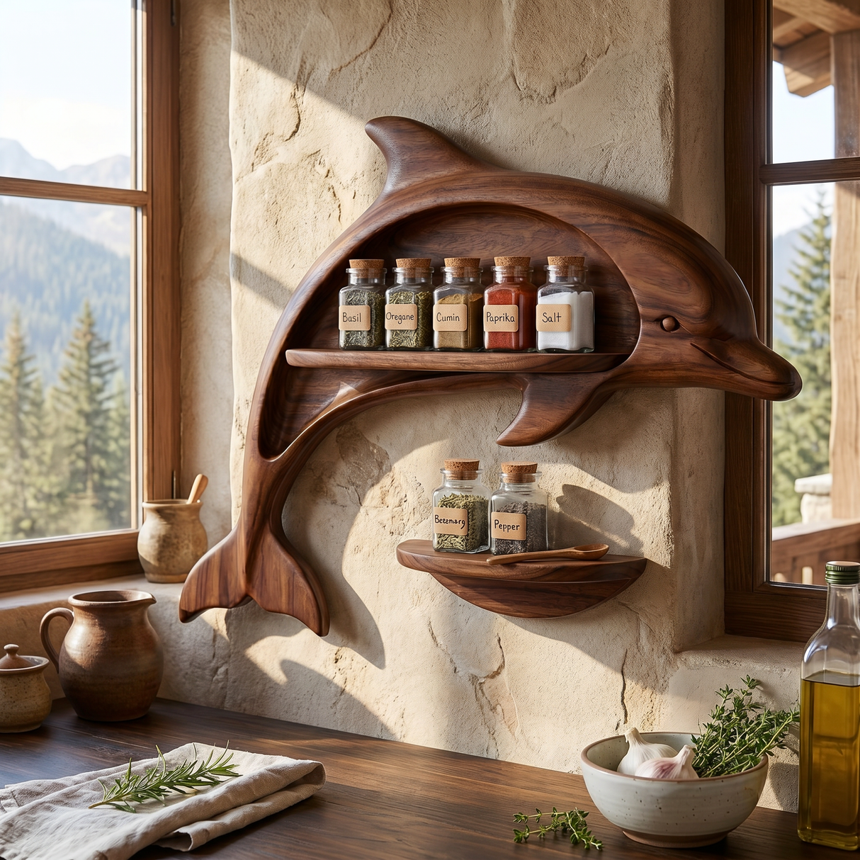 Carved Solid Wood Dolphin Wall Spice Shelf with Coastal Kitchen Storage
