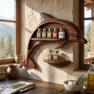Carved Solid Wood Dolphin Wall Spice Shelf with Coastal Kitchen Storage