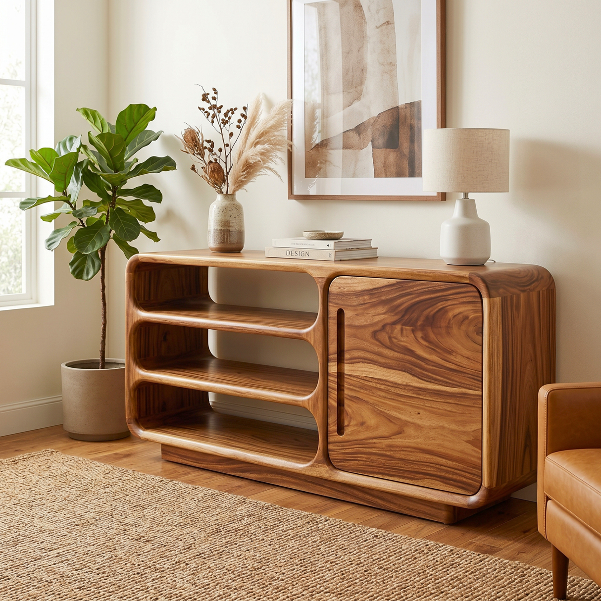 Solid Wood Rounded Sideboard with Open Shelves for Living Room