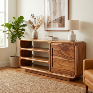 Solid Wood Rounded Sideboard with Open Shelves for Living Room