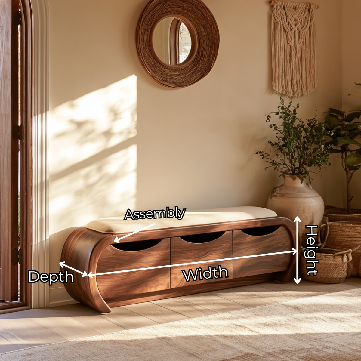 Curved Solid Wood Shoe Cabinet Bench with Three Hidden Storage Compartments