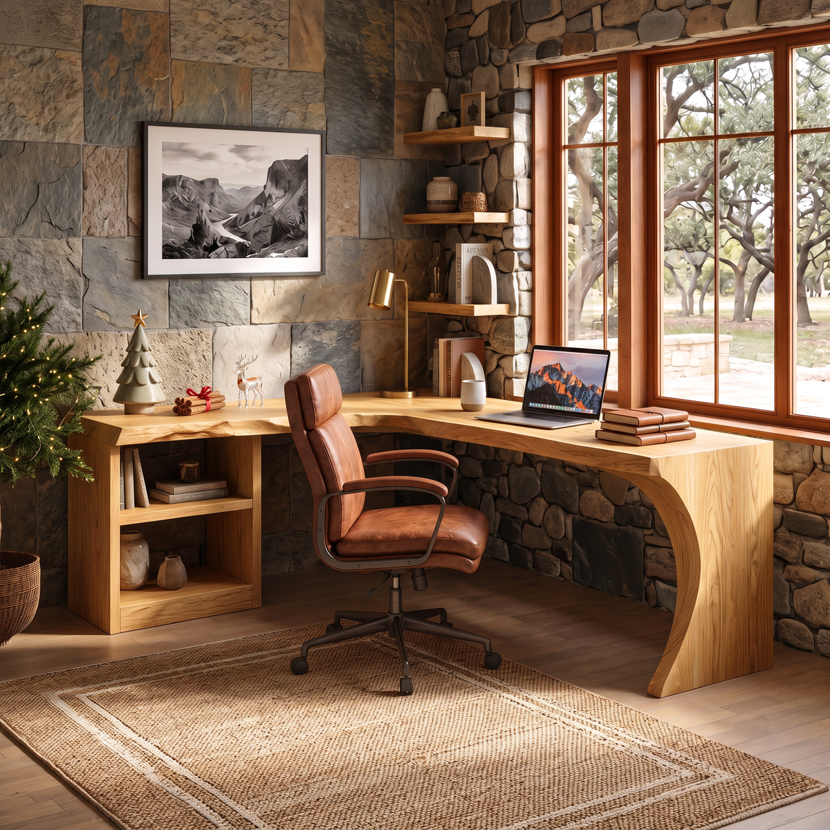 Organic L-Shaped Solid Wood Desk With Open Shelf For Home Office