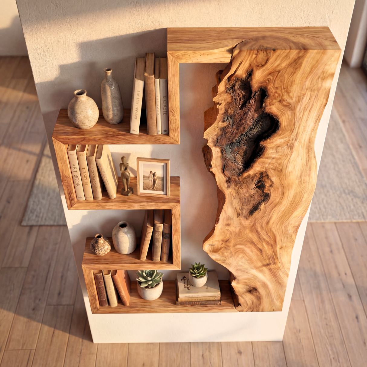 Geometric Solid Wood Wall Shelf with Live Edge Panel Sculptural Floating Storage Display