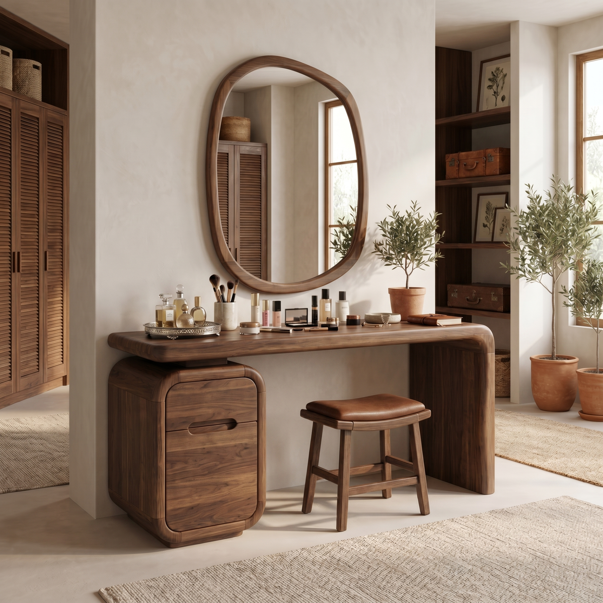Solid Wood Vanity Desk with Rounded Drawer Pedestal and Waterfall Side