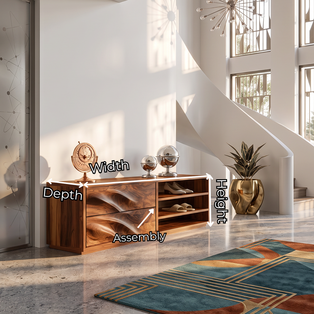 Modern Solid Wood Shoe Cabinet with Sculpted Drawers and Open Shelves