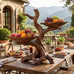 Solid Wood Sculptural Fruit Bowl with Twin Floating Trays and Branch Form Base