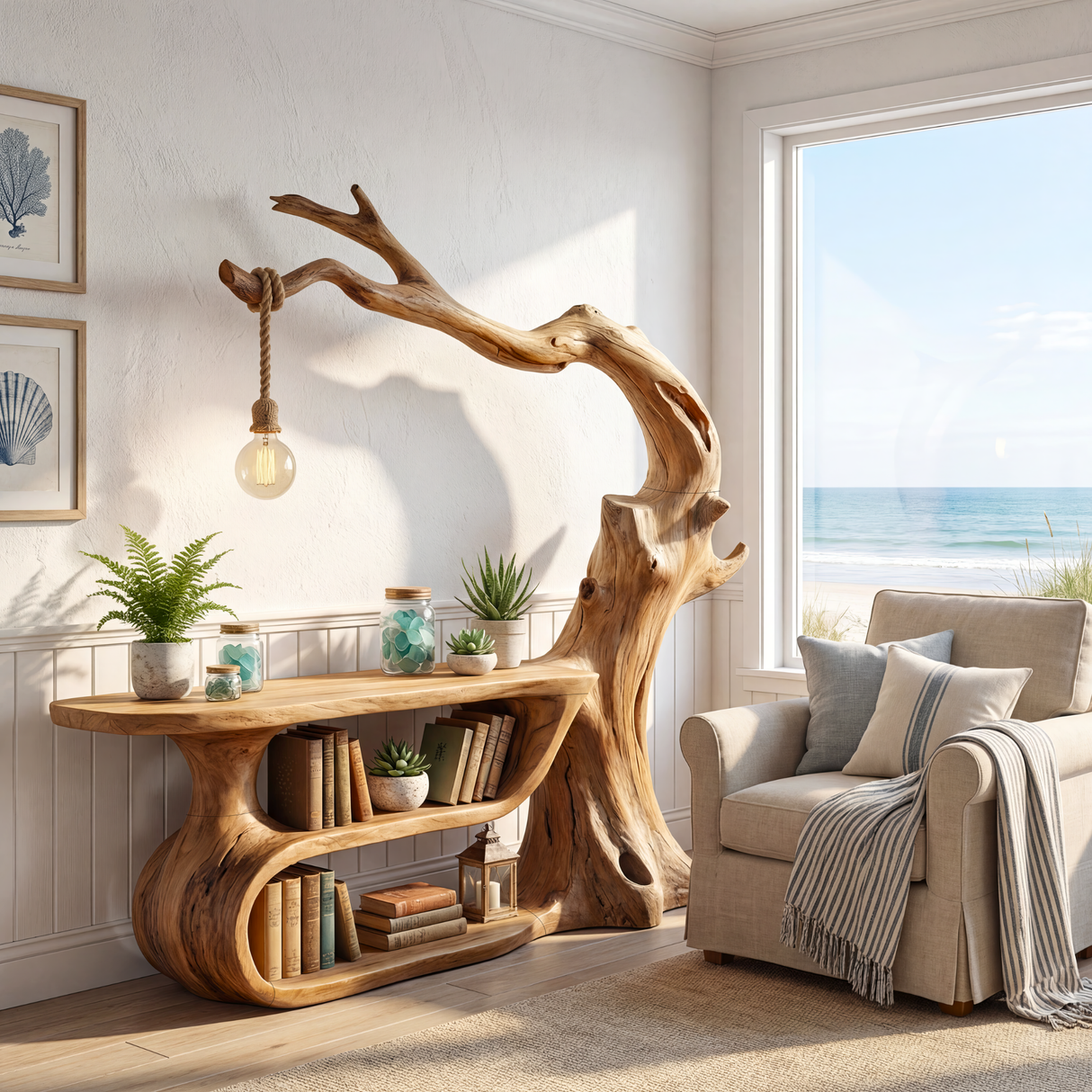 Sculptural Solid Wood Desk with Integrated Hanging Lamp, Organic Writing Table, Artistic Reading Nook Desk