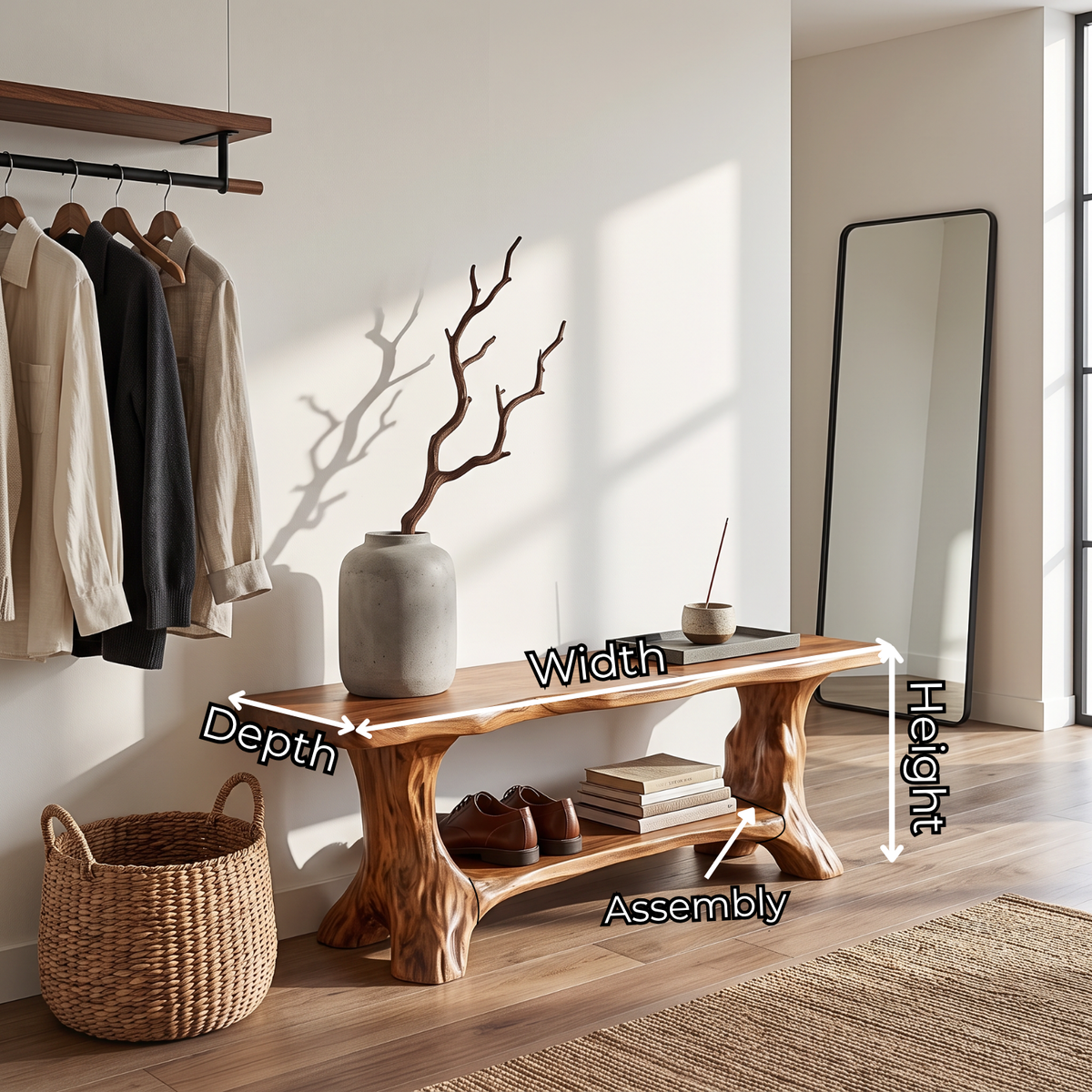 Sculptural Solid Wood Shoe Bench with Curved Supports and Open Storage Shelf