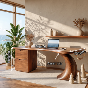 Organic Solid Wood Desk with Sculptural Curved Leg and Two Drawer Cabinet