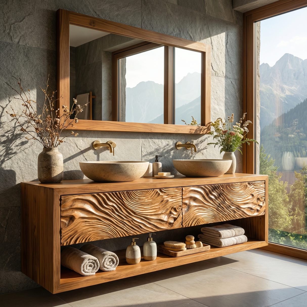 Double Vanity Cabinet with Carved Wave Front and Open Shelf