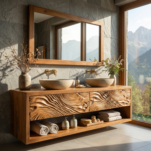 Double Vanity Cabinet with Carved Wave Front and Open Shelf