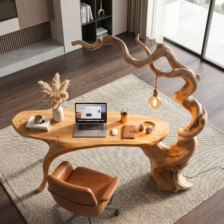 Twisted Branch Solid Wood Desk With Hanging Lamp Organic Modern Sculptural Workspace