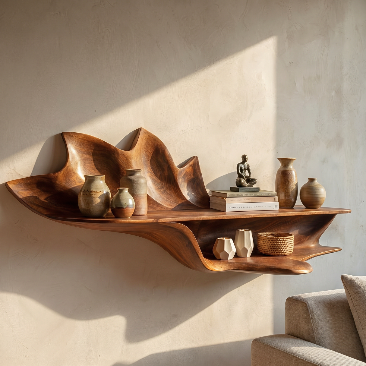 Handcrafted Solid Wood Petal Wall Shelf with Lower Display Ledge