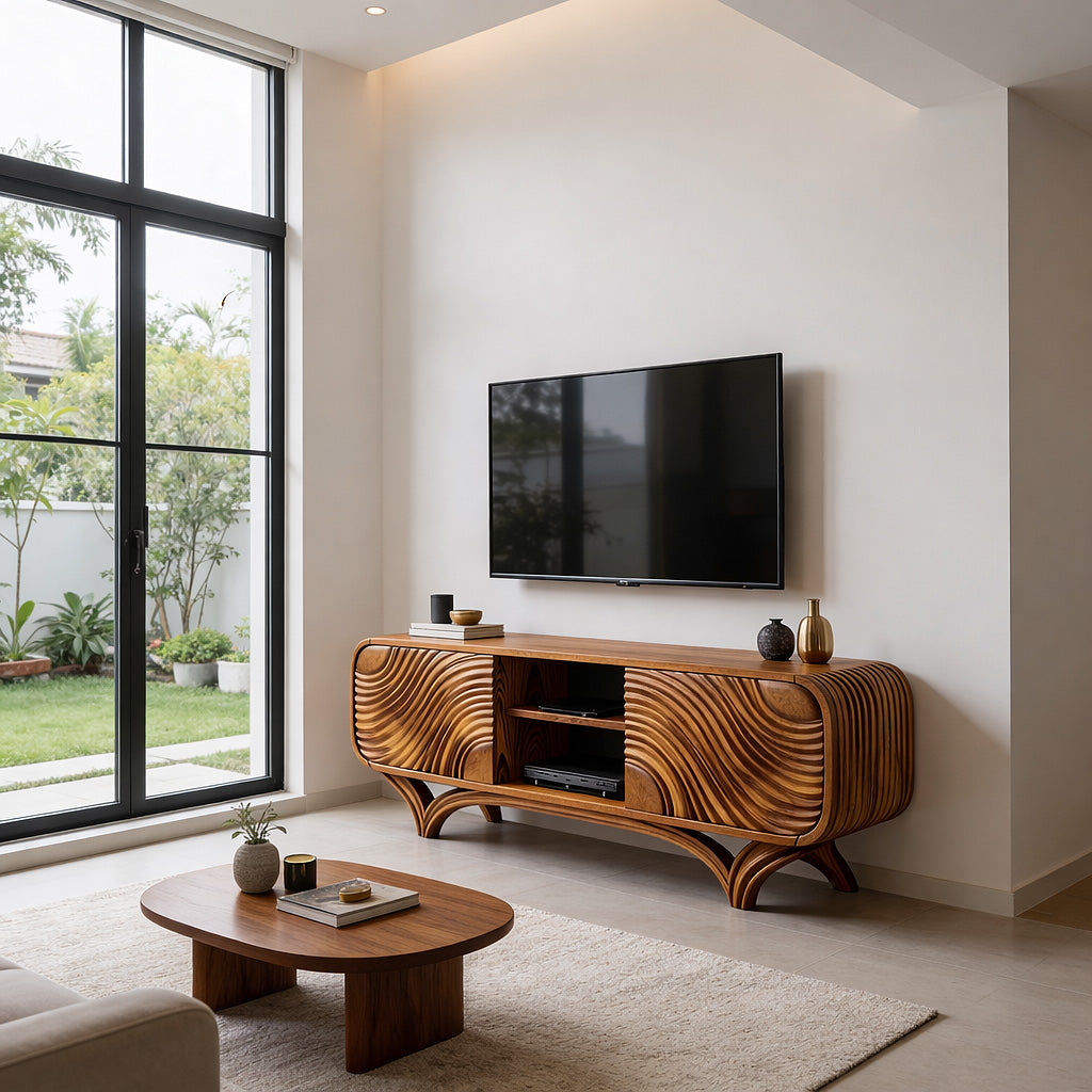 Sculptural Solid Wood TV Stand with Organic Wave Carving