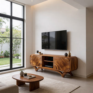 Sculptural Solid Wood TV Stand with Organic Wave Carving