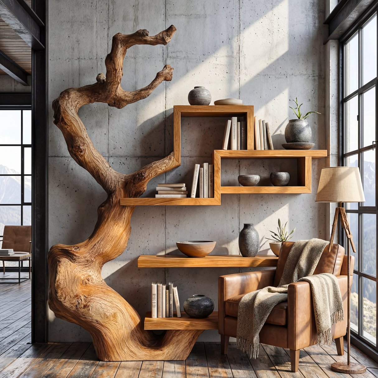 Organic Solid Wood Wall Bookshelf with Sculptural Tree Form Display Shelf