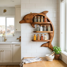 Handmade Solid Wood Dolphin Spice Organizer with Three Open Kitchen Shelves