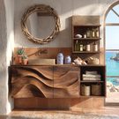 Sculptural Solid Wood Bathroom Vanity Cabinet with Carved Wave Front