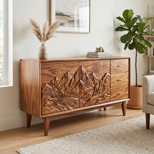 Handcrafted Solid Wood Mountain Carved Sideboard with Drawers and Cabinet Storage