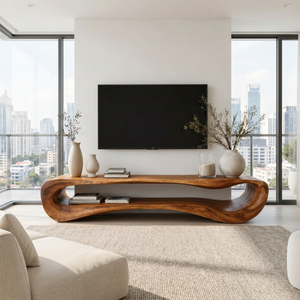 Organic Solid Wood TV Stand with Curved Open Shelf