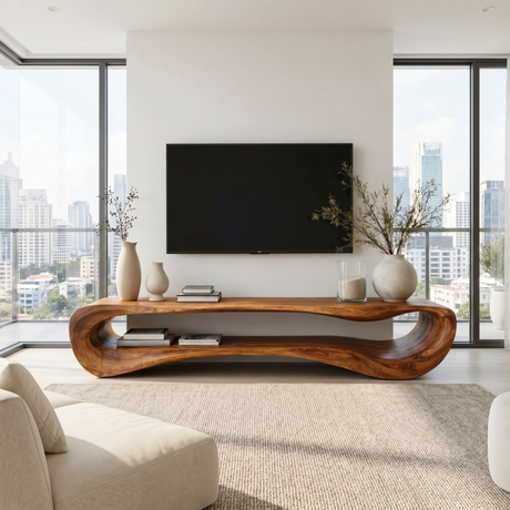 Organic Solid Wood TV Stand with Curved Open Shelf