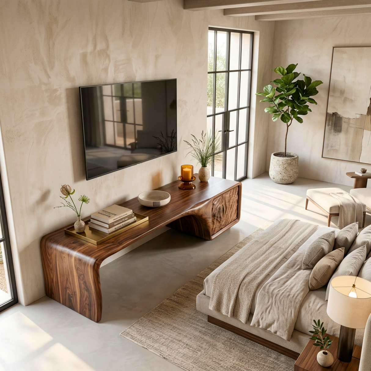Organic Solid Wood TV Console with Sculptural Carved Cabinet Door