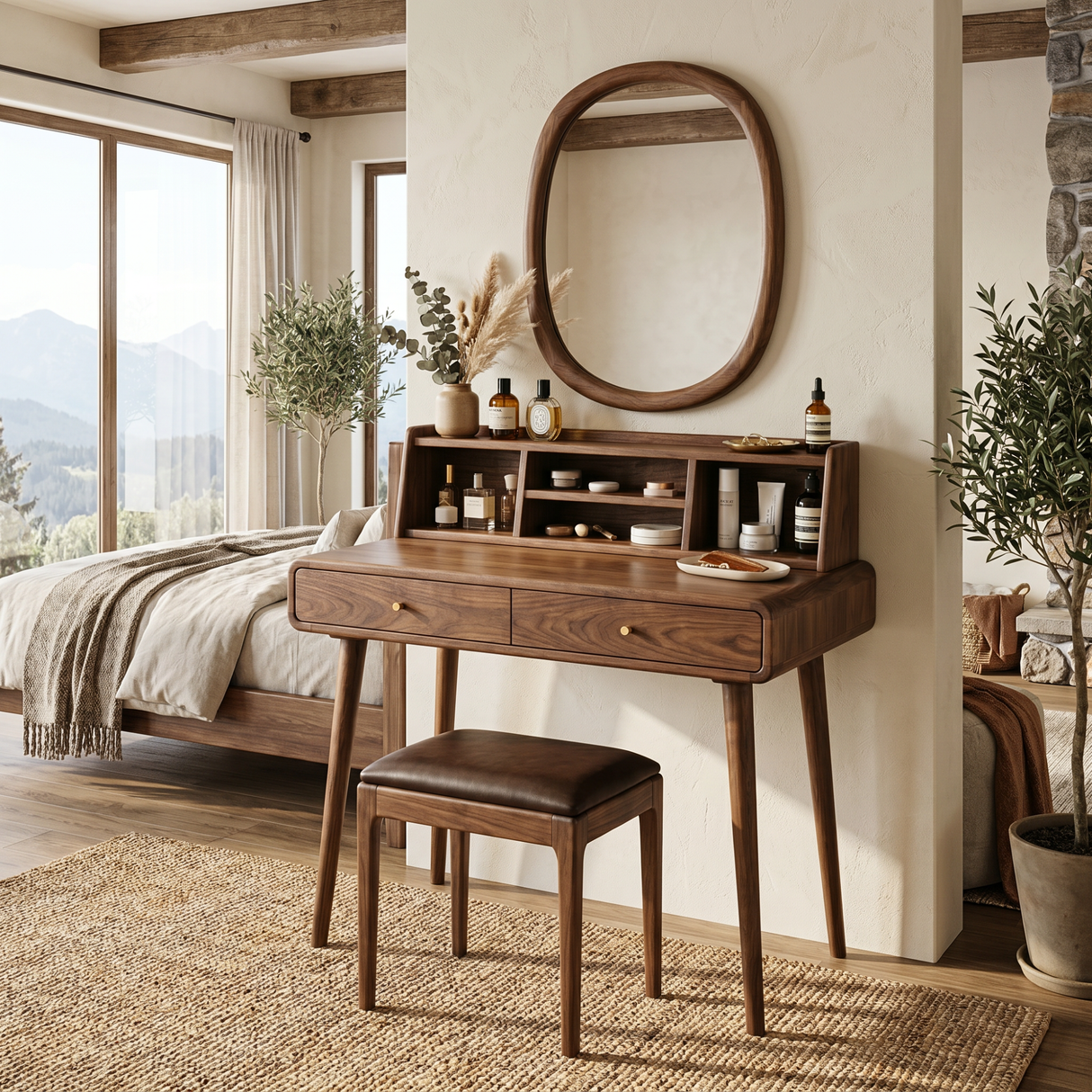 Handcrafted Solid Wood Vanity Desk with Open Organizer Shelf and Drawer Storage