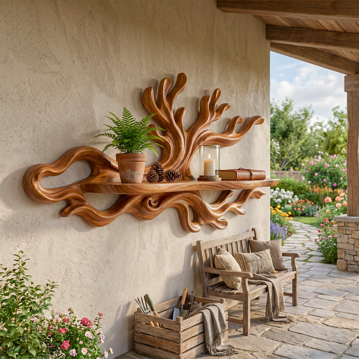 Organic Solid Wood Wave Crest Wall Shelf for Coastal Interiors