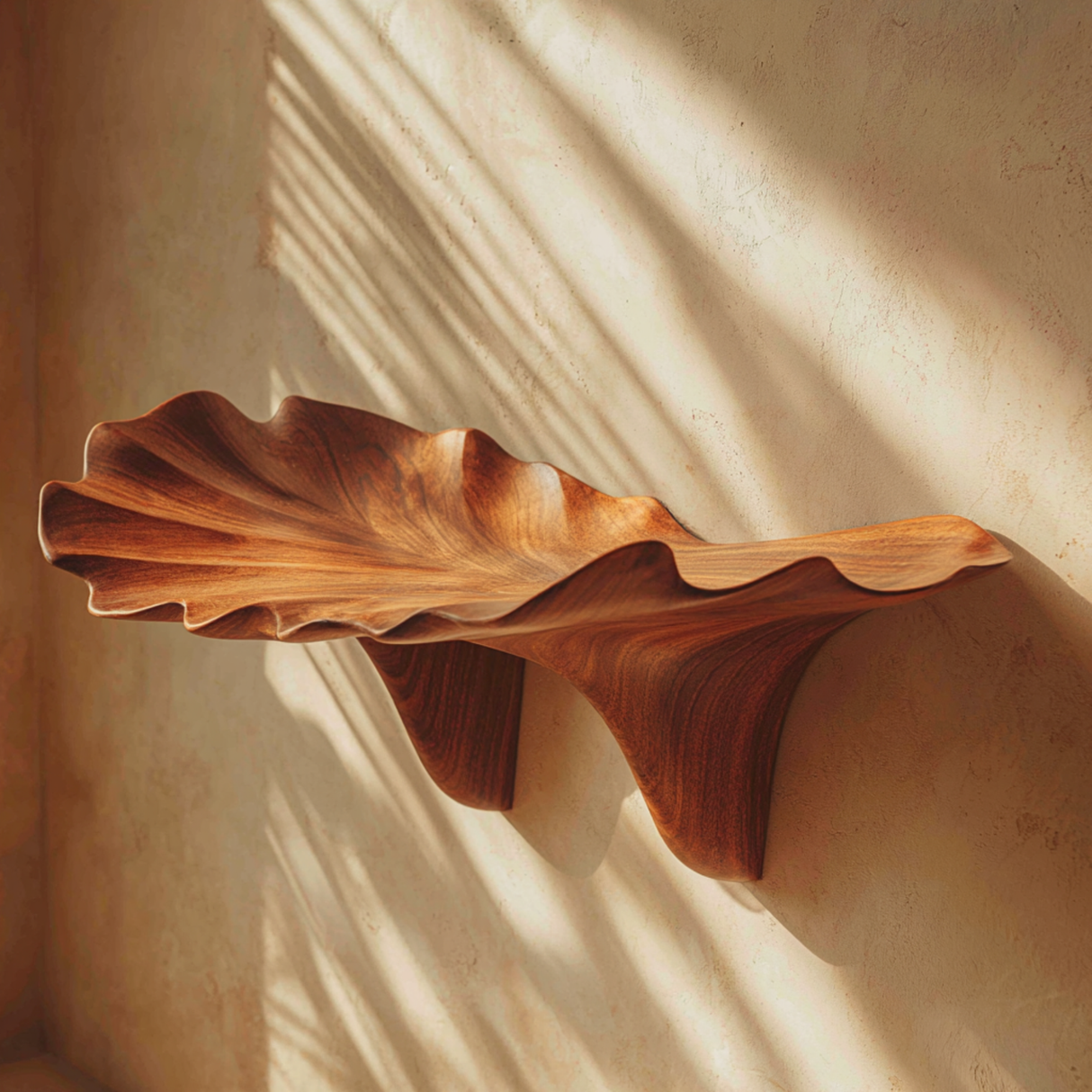 Handcrafted Solid Wood Floating Leaf Wall Shelf with Organic Curved Form