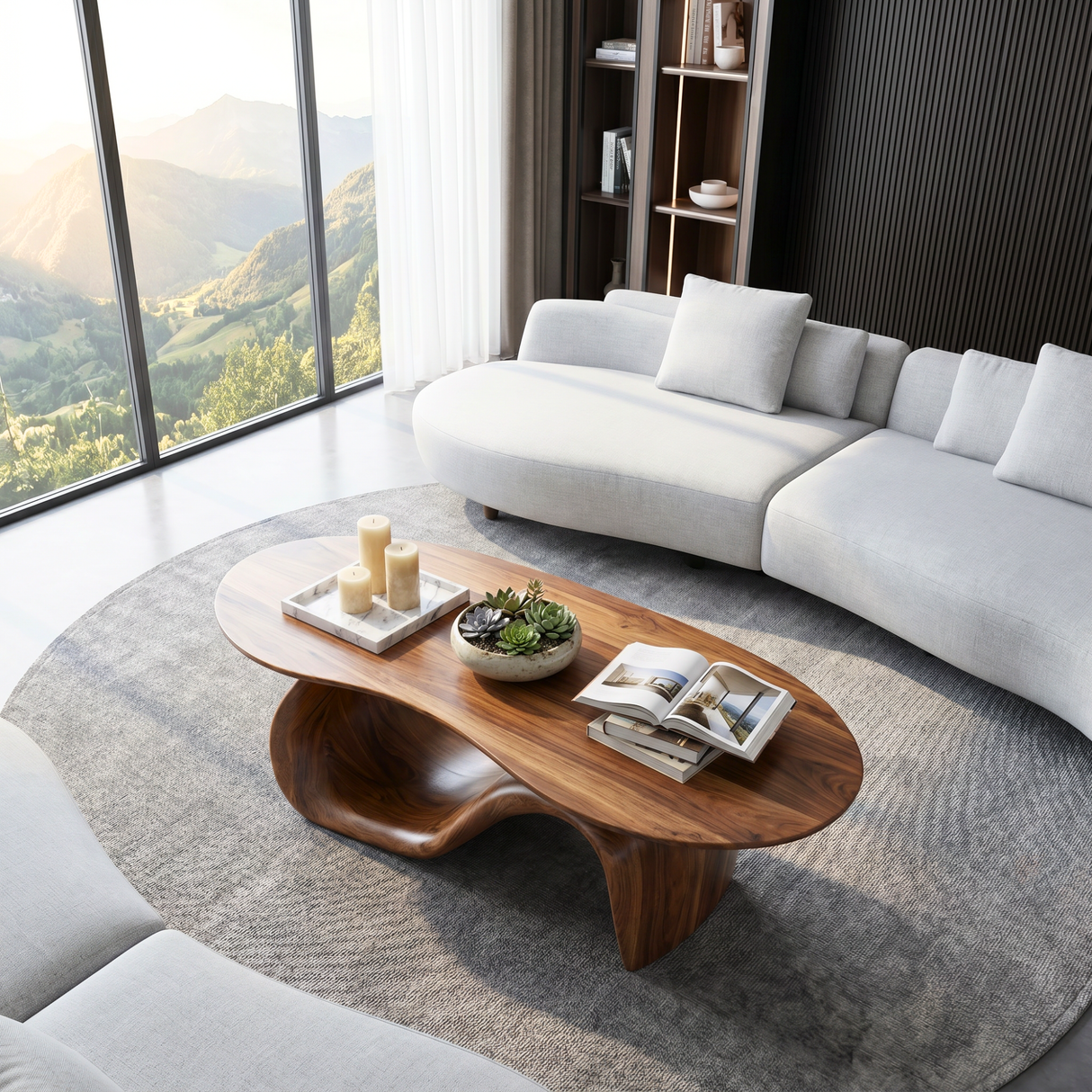 Solid Wood Coffee Table with Asymmetric Loop Base for Living Room