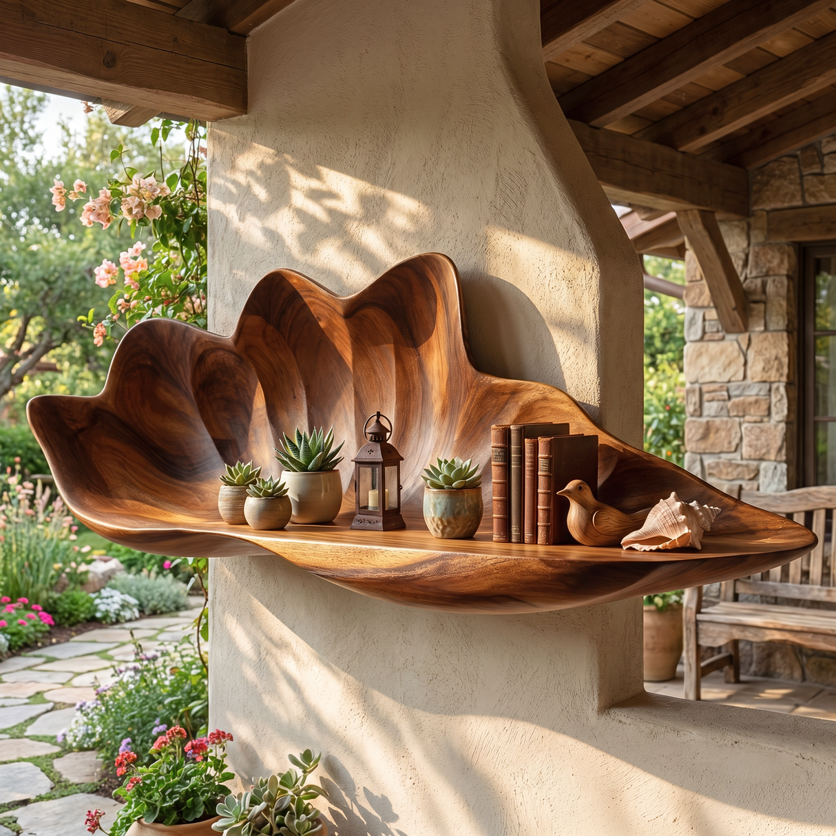 Handcrafted Solid Wood Flower Petal Wall Shelf for Books and Decor