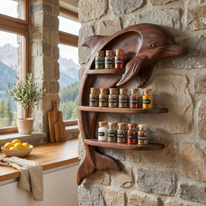 Handcrafted Dolphin Spice Rack with Three-Tier Solid Wood Wall Shelf Design