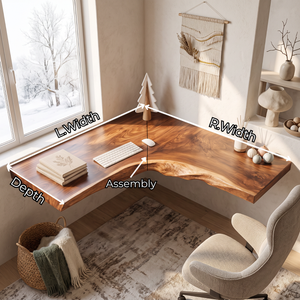 Live Edge Solid Wood Floating Corner Desk with Organic L Shaped Design